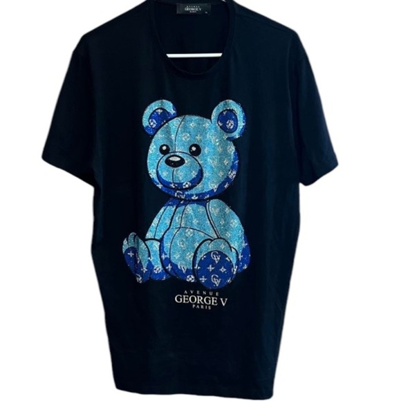 Avenue George V Paris Black S/Sleeve Tee Shirt Sz XXL Blue rhinestone teddy bear - Picture 2 of 8